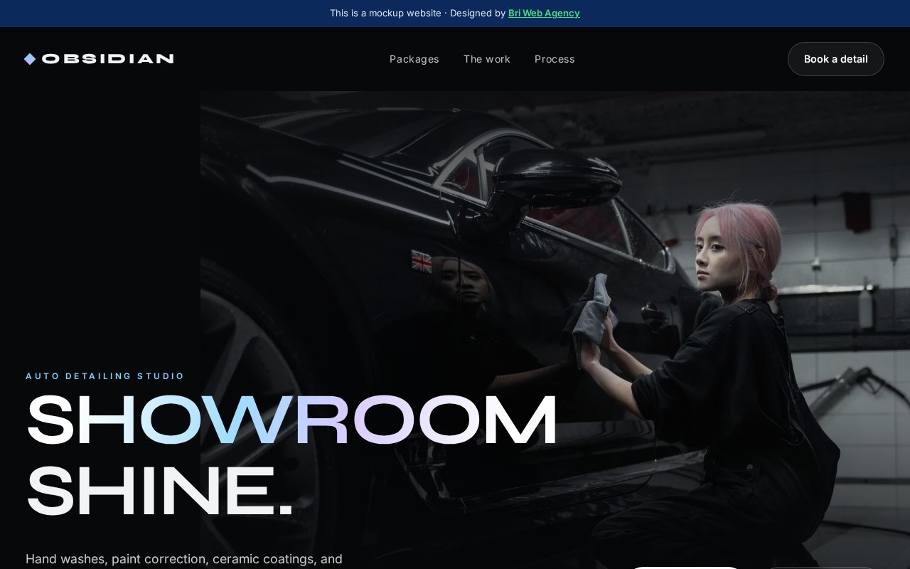 Example website design for Obsidian Auto Detailing Studio, a fictional auto detailing business