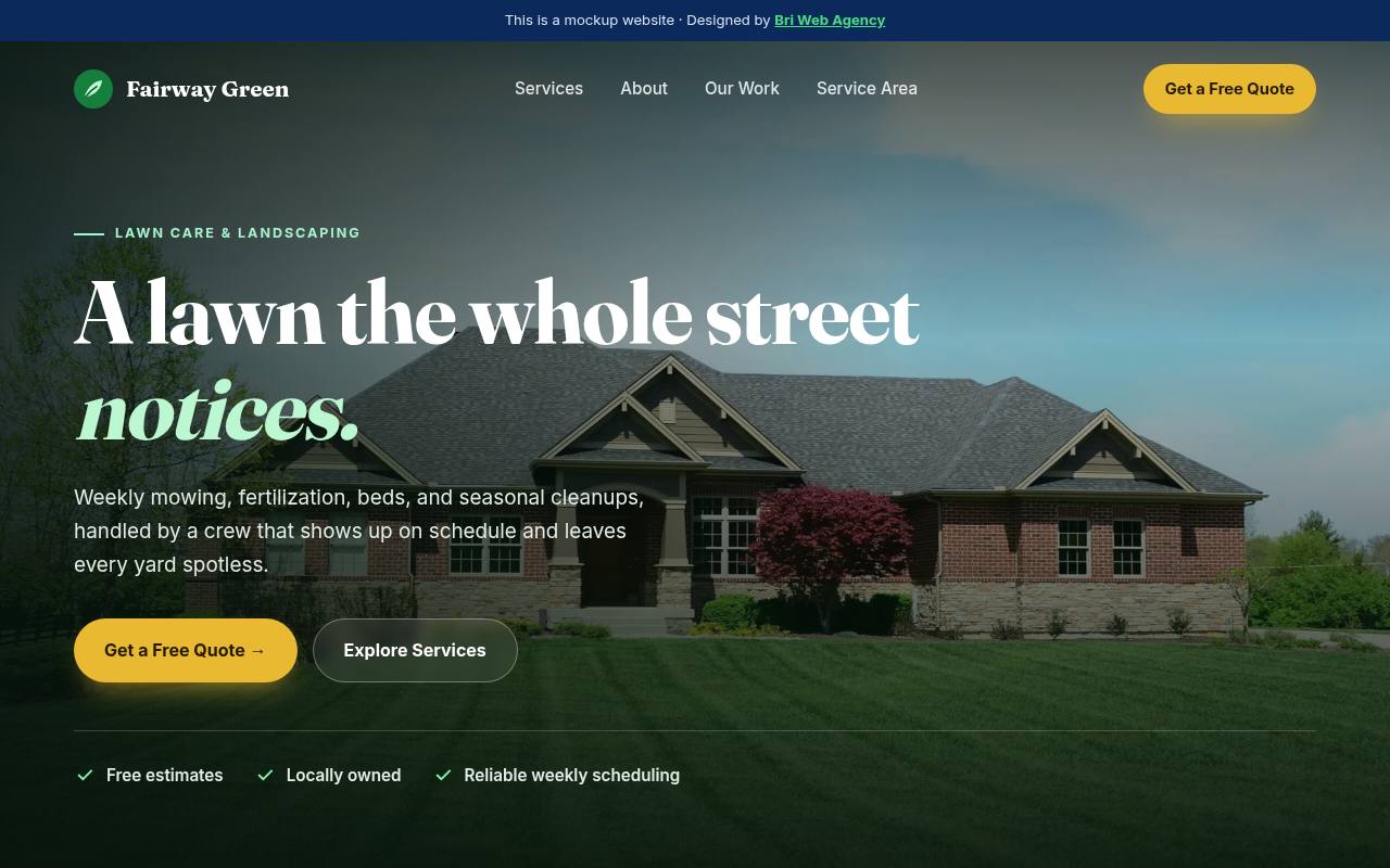 Example website design for Fairway Green Lawn Co., a fictional lawn care business