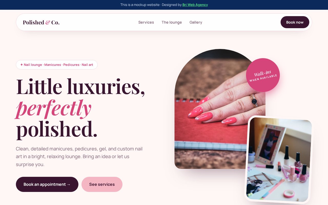 Example website design for Polished & Co. Nail Lounge, a fictional nail salon business