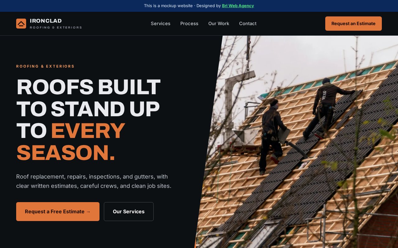 Example website design for Ironclad Roofing, a fictional roofing business