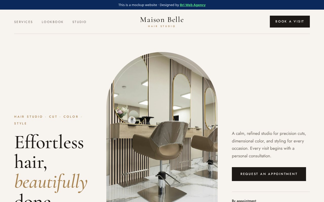 Example website design for Maison Belle Hair Studio, a fictional hair salon business
