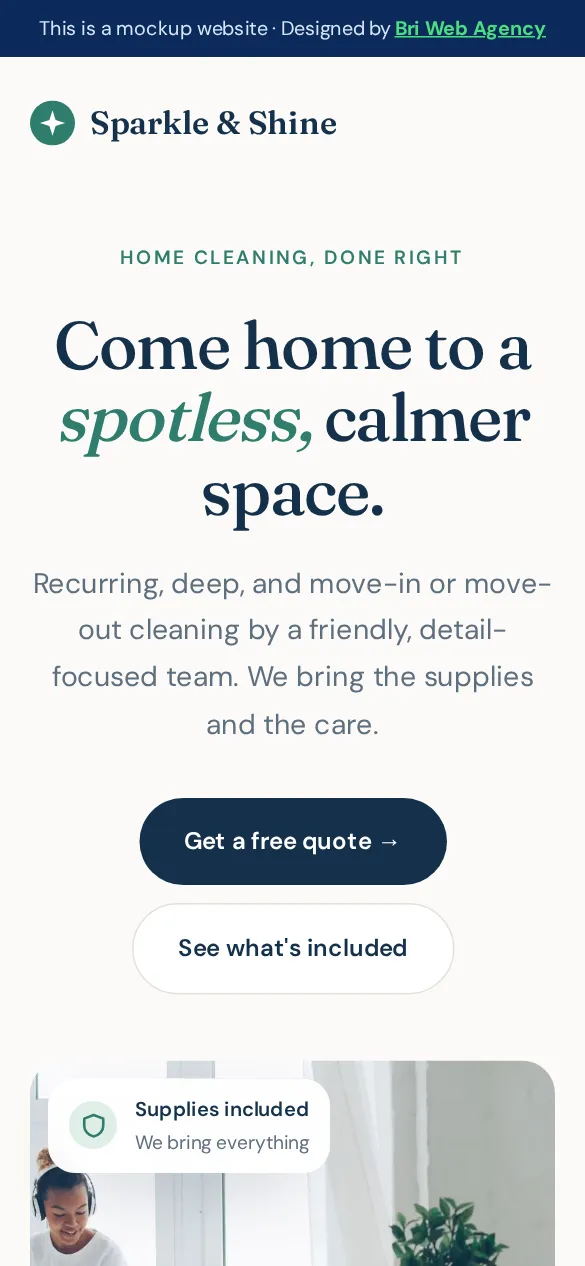 Example mobile website design for Sparkle & Shine Home Cleaning, a fictional home cleaning business