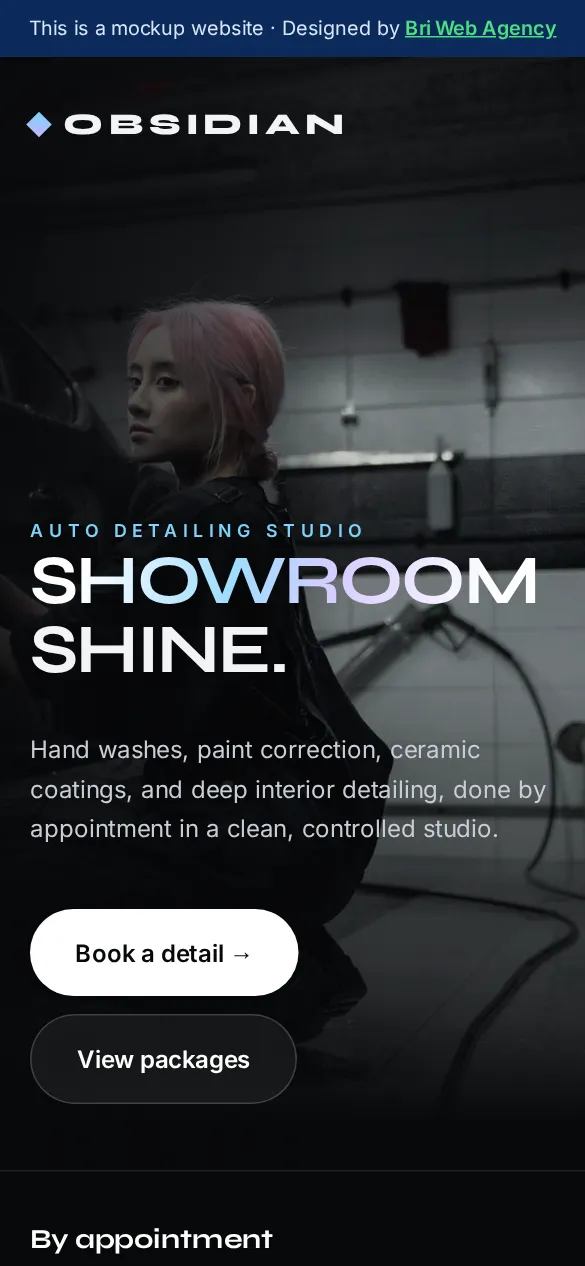 Example mobile website design for Obsidian Auto Detailing Studio, a fictional auto detailing business