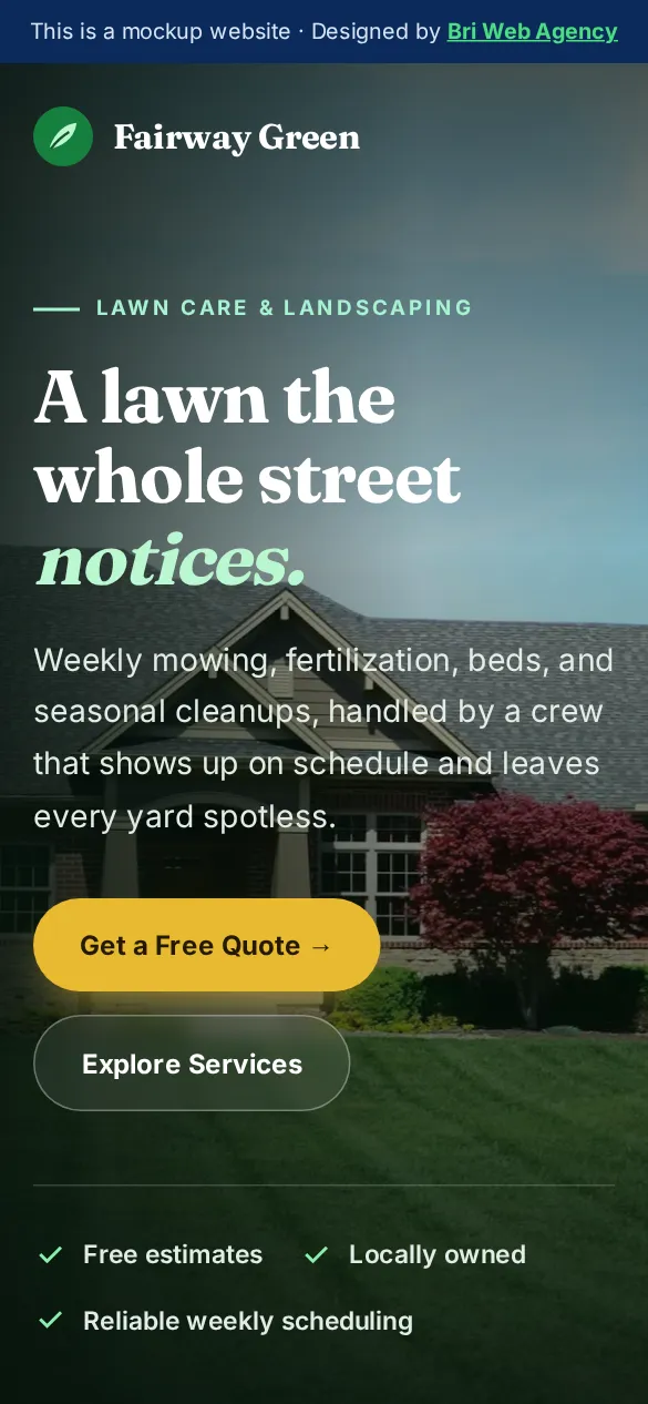 Example mobile website design for Fairway Green Lawn Co., a fictional lawn care & landscaping business