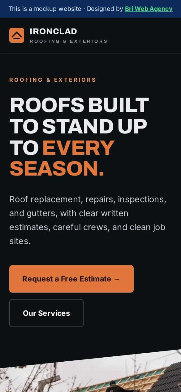 Example mobile website design for Ironclad Roofing & Exteriors, a fictional roofing business